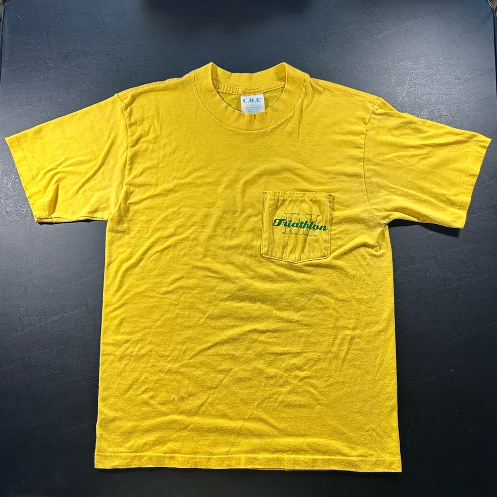 VINTAGE Single Stitch Triathlon III Racing Apparel France Size L Pocket T Shirt